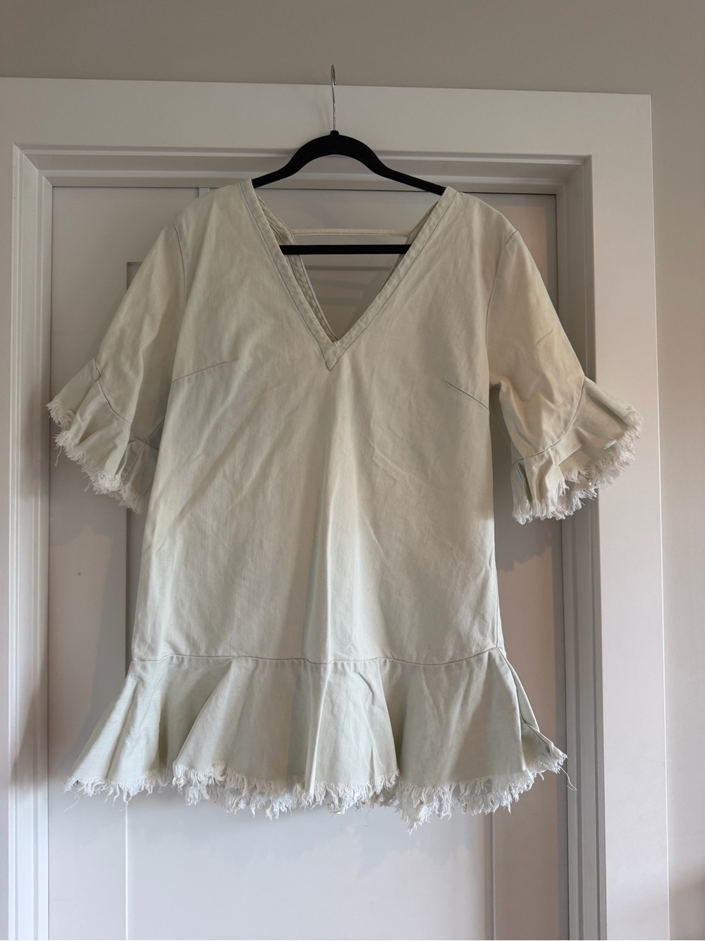 MLM Label Henri Denim Mini Dress Ruffle Raw Hem V Neck Small
